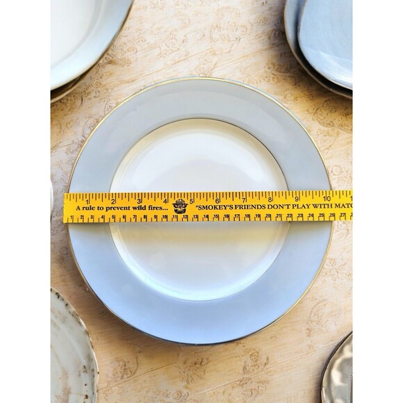 3 SEYEI Fine China Nagoya Japan #398 Dinner Plates 10” Gray Silver Trim Simple - Picture 8 of 8